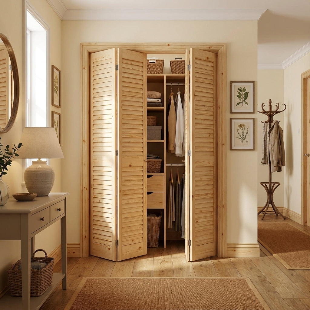 Internal Bi-fold Open Louvre Wardrobe Door Set 28mm in Clear Pine