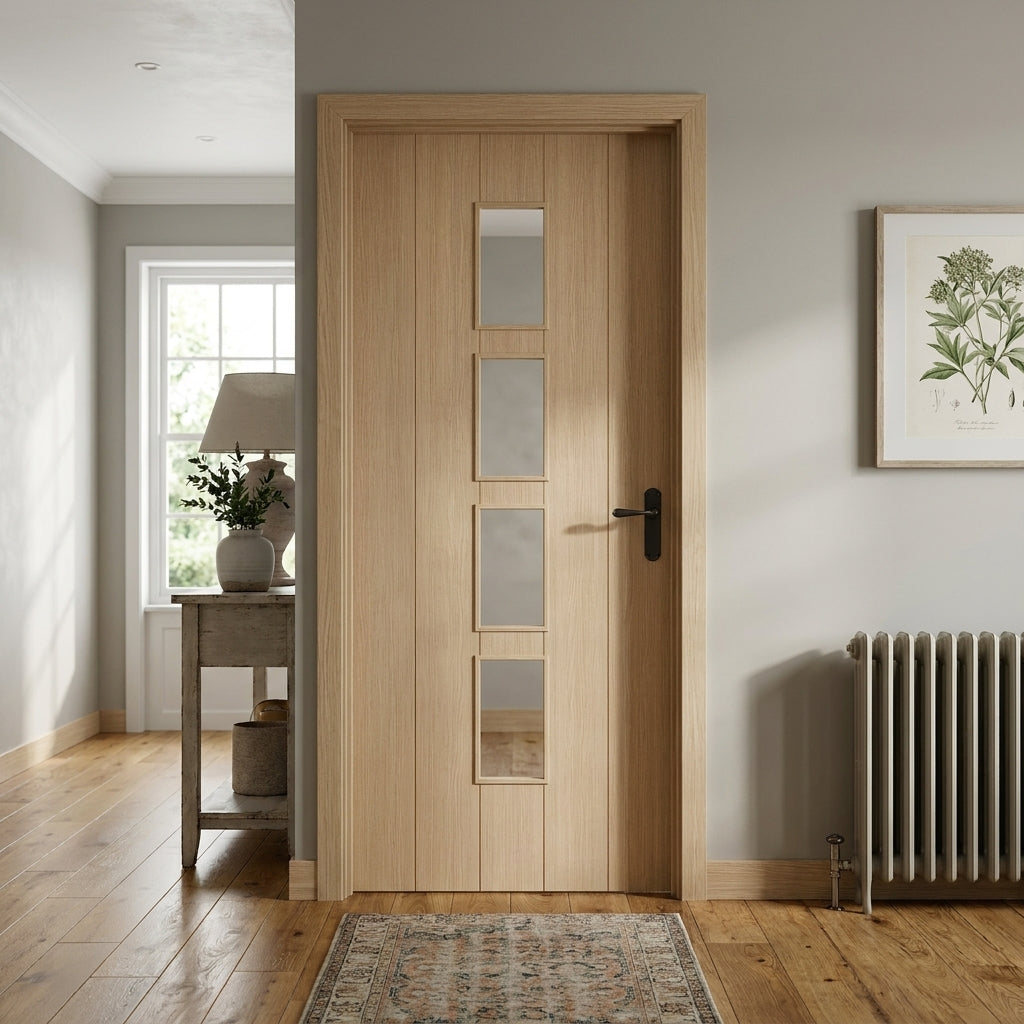 Internal Oak Laminate Door - Fully Finished with 4 Light Clear Glass