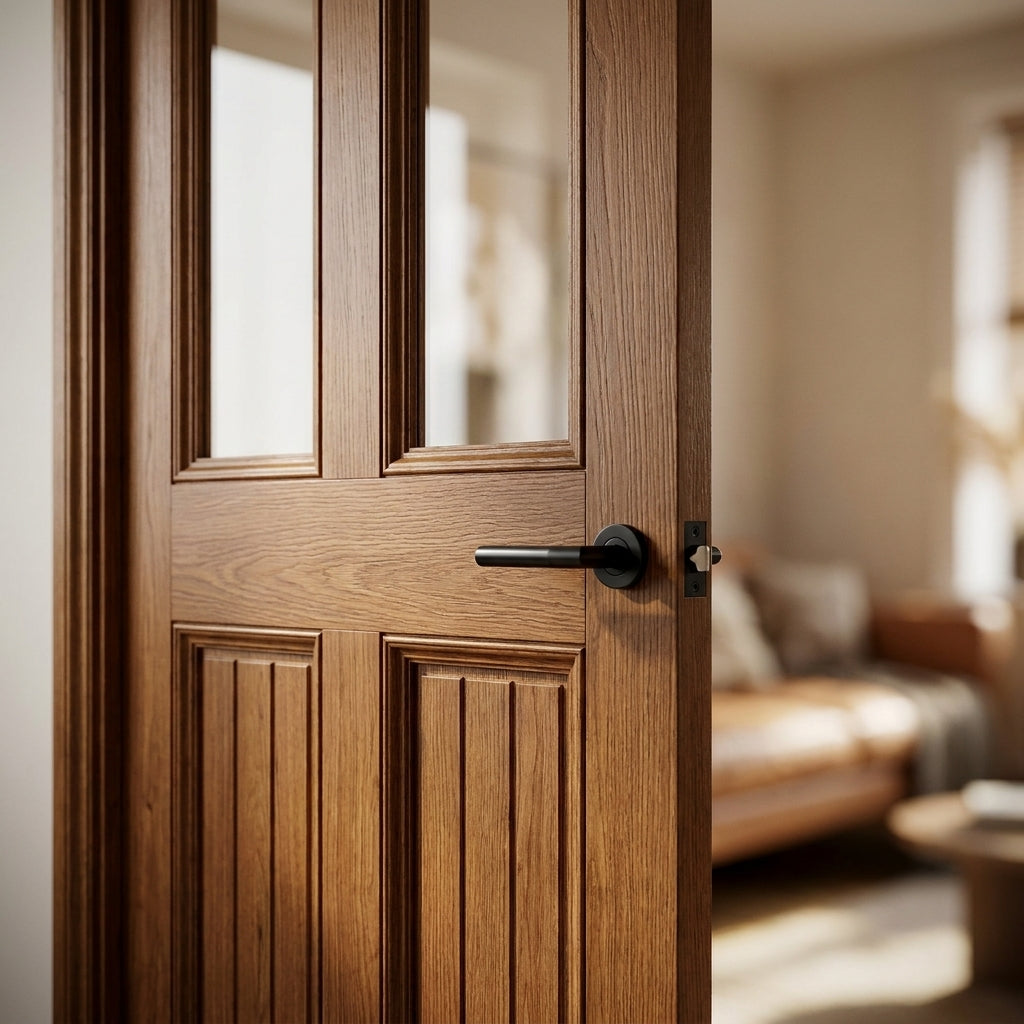 Internal Rustic Oak Victorian Door, Fully Finished, 2 Light Clear Glazing - detail view