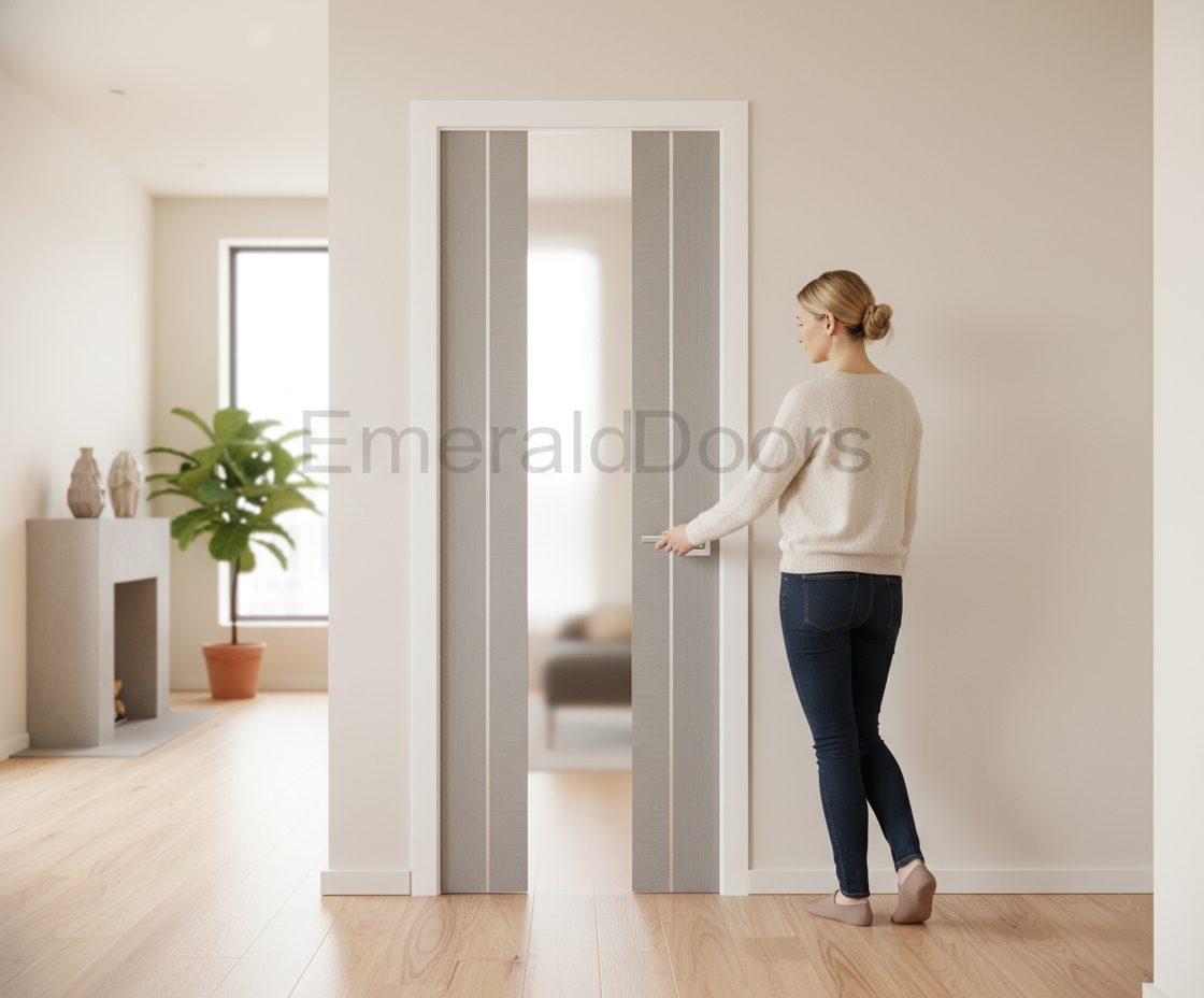 Premium Light Grey Fully Finished Internal Door with Clear Glass Panel and Aluminium Inlays for Modern Interiors