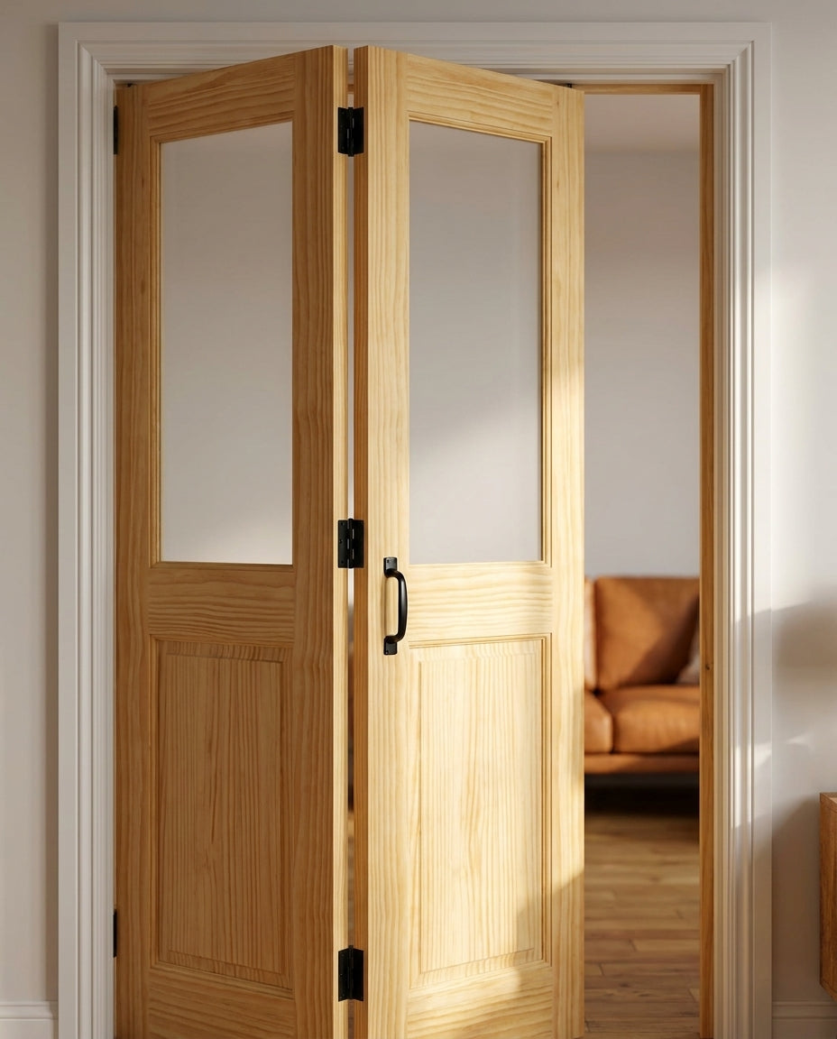 Internal Bi-Fold Door, Clear Pine, Unfinished, Malton 4 Panel, 2 Light Glass - detail view