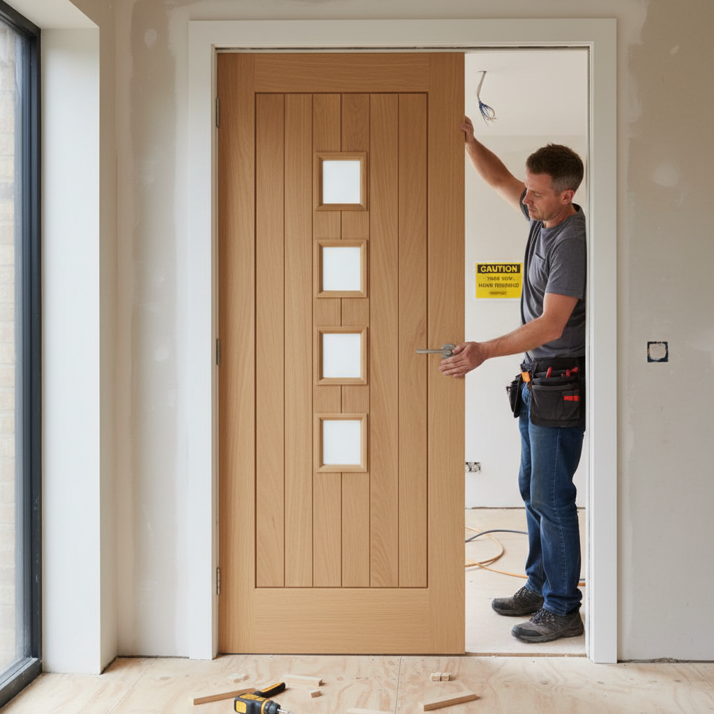 Premium Contemporary Oak Suffolk 4 Light Internal Door with Obscure Glazed Panes for Enhanced Privacy and Natural Light