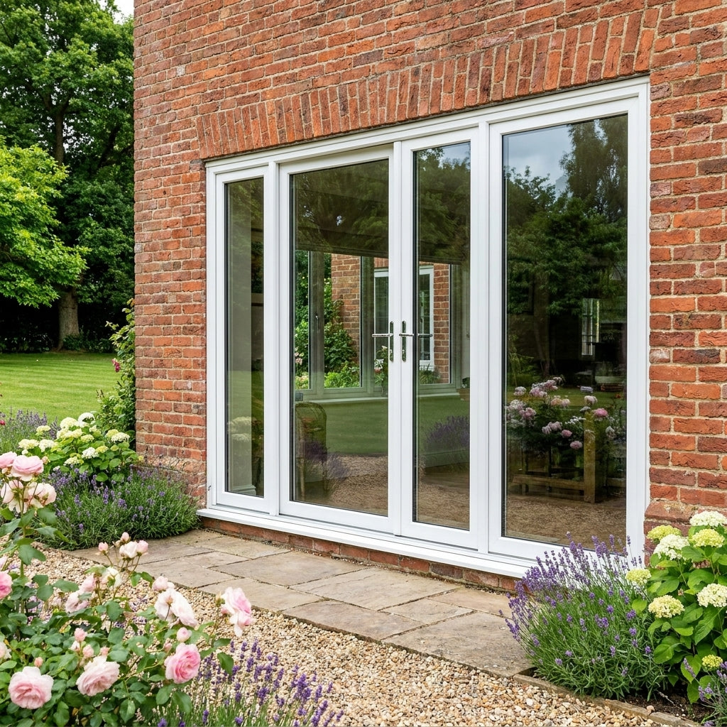 External White Aluminium French Patio Door with Clear Glass and Sidelights