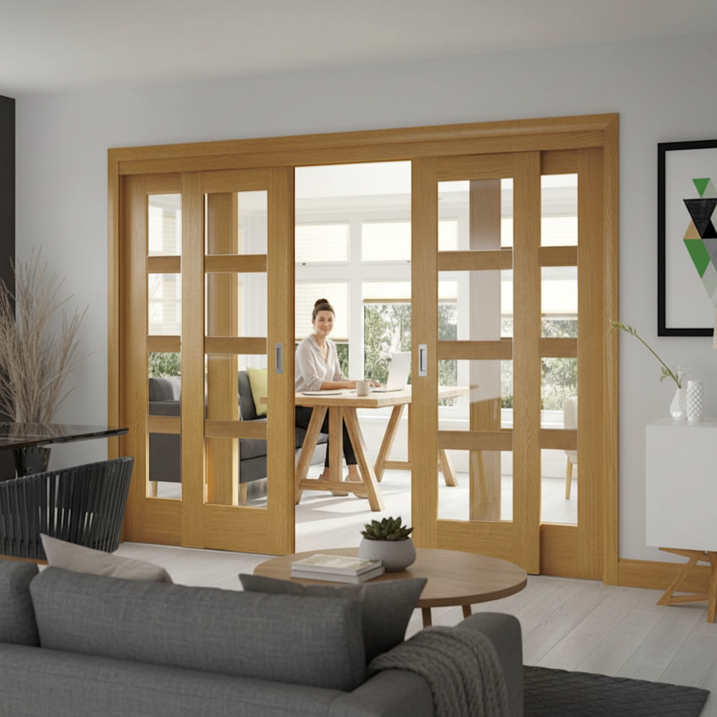 Premium Oak Sliding French Doors with Fixed End Panels for Space-Saving Design and Customizable Options