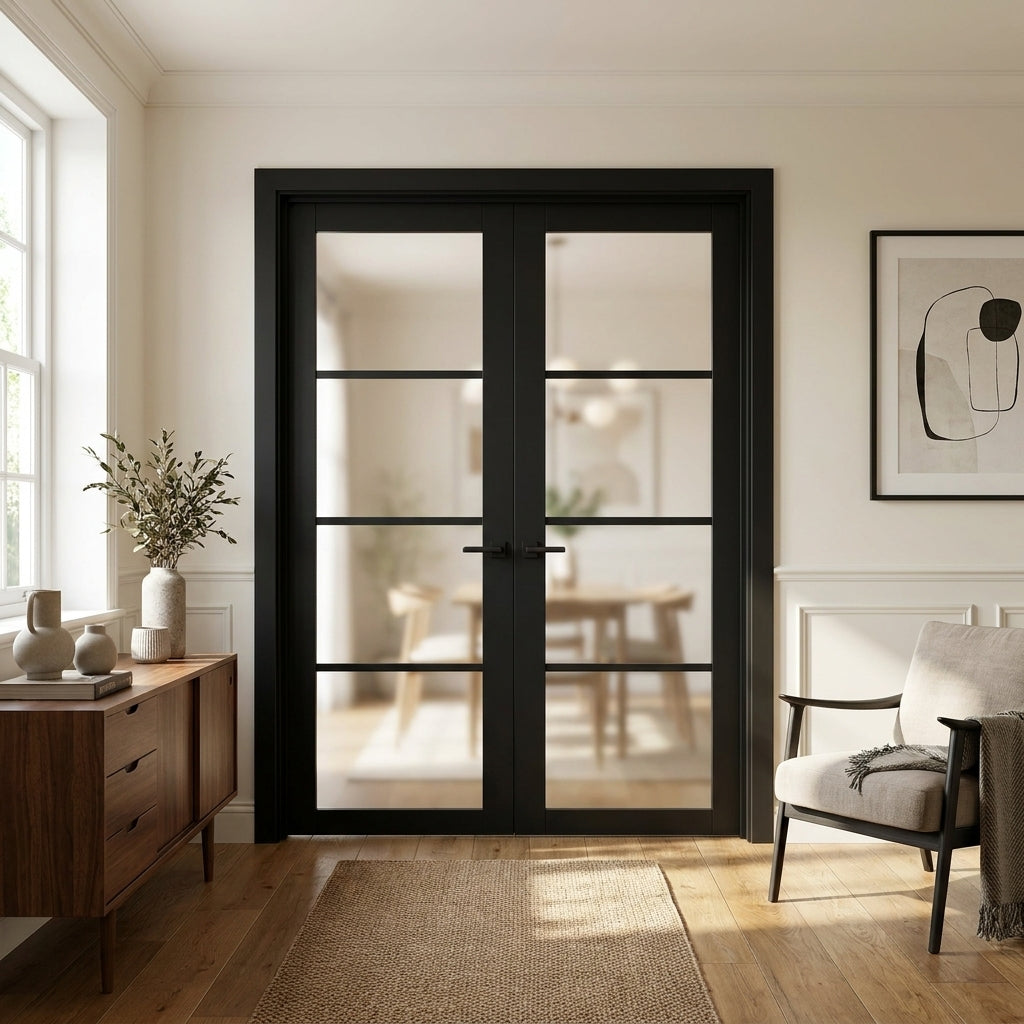 Internal French Door with 4 Light Obscure Glass, Fully Finished, Jet Black