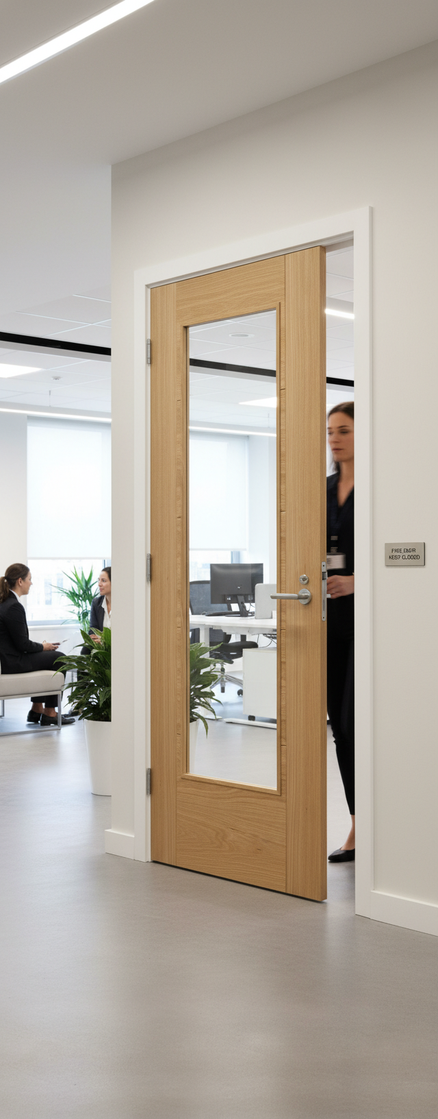 Premium Contemporary Oak Clear Glazed Internal Fire Door with V Grooves and Cross Veneers for Modern Interiors
