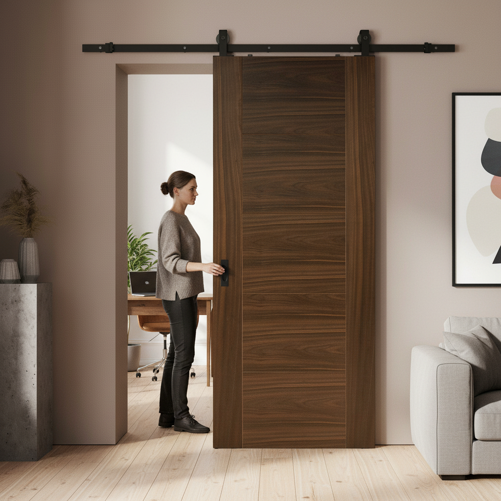 Walnut Internal Fully Finished Sliding Door with Black Steel Track - Victorian Style, Space-Saving Design - Image 2