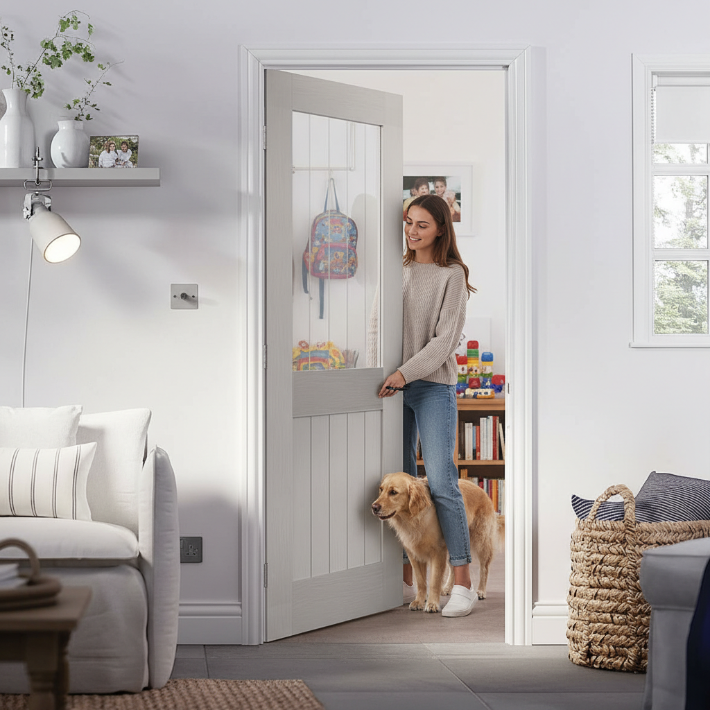 Premium Light Grey Glazed Internal Door with 5 Vertical Panels and Tempered Safety Glass - Perfect for Modern Interiors