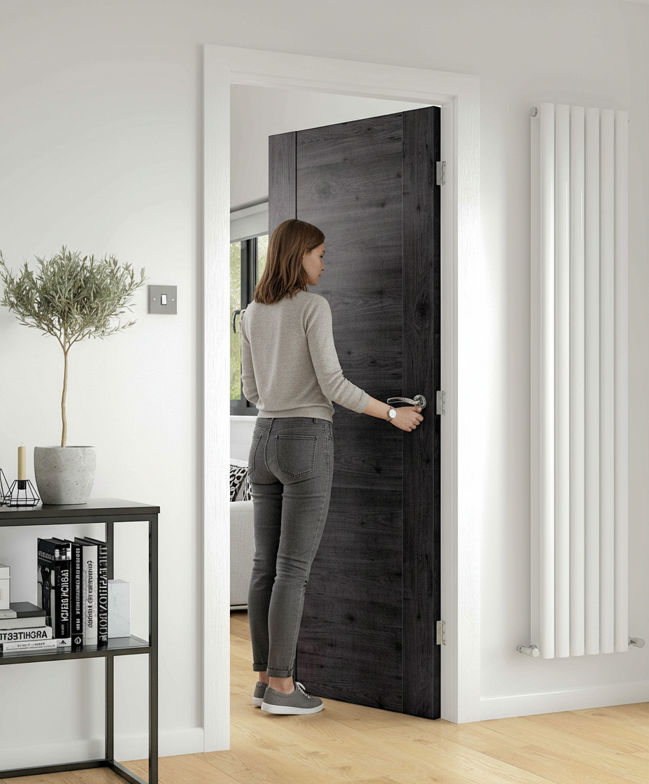 Premium Fully Finished Fire Door with Dark Grey Walnut Laminate Finish and Recessed Central Panel