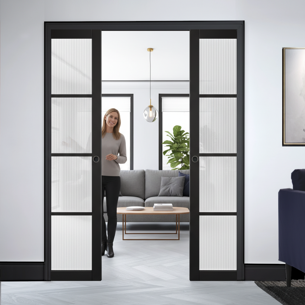 Premium Reeded Glazed Double Pocket Door Set - Stylish Space Divider with Galvanised Steel Frame and Adjustable Jambs