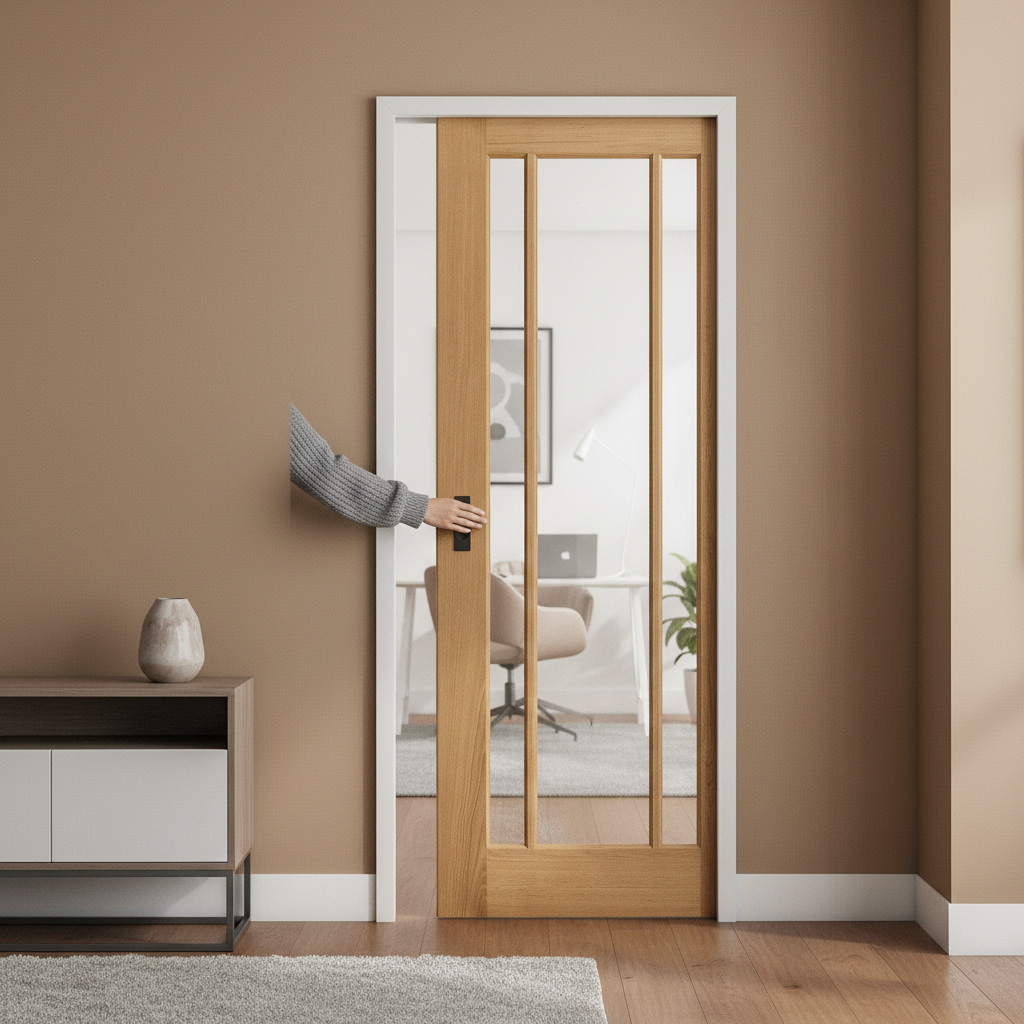 Premium Unfinished Oak Pocket Door Set with 3 Clear Glass Panels for Modern Interiors and Space Optimization