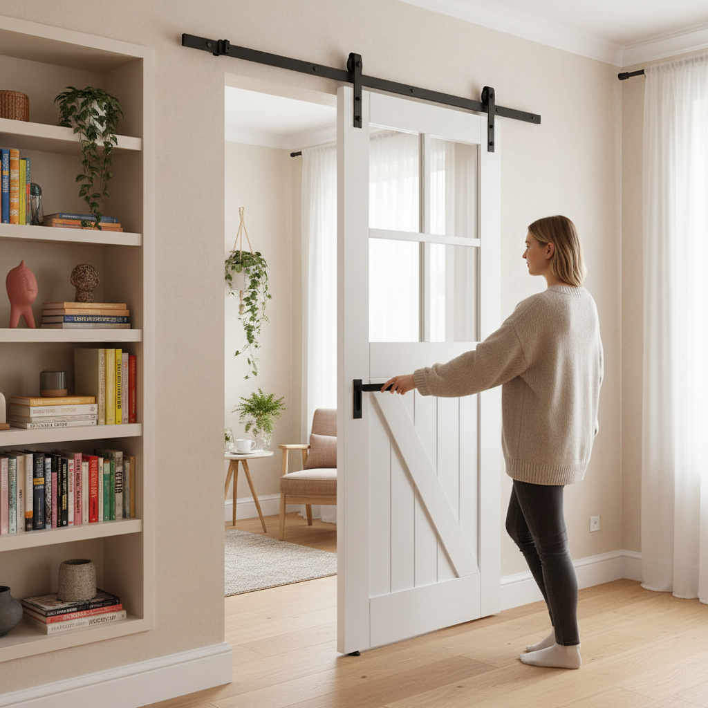 Internal Barn Sliding Door with 4 Light Clear Glass Panels and Black Top Mounted Track for Modern Rustic Decor - Image 2