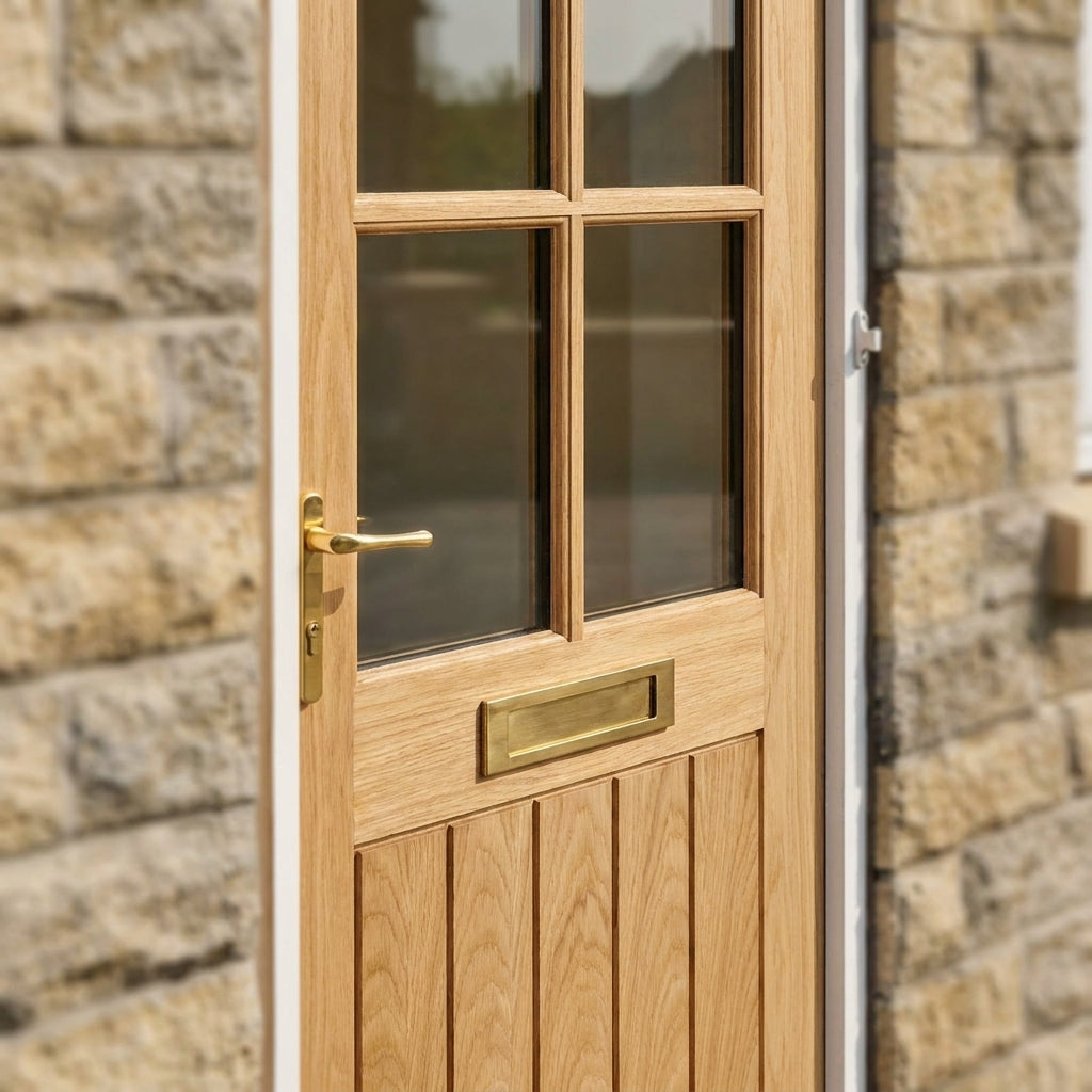 External Oak Door Unfinished with 4 Light Clear Glass Design - detail view