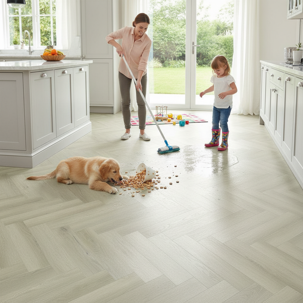5mm Embossed Rigid Core Vinyl Flooring in Herringbone Pattern with Enhanced Durability and Comfort Underfoot - Image 2