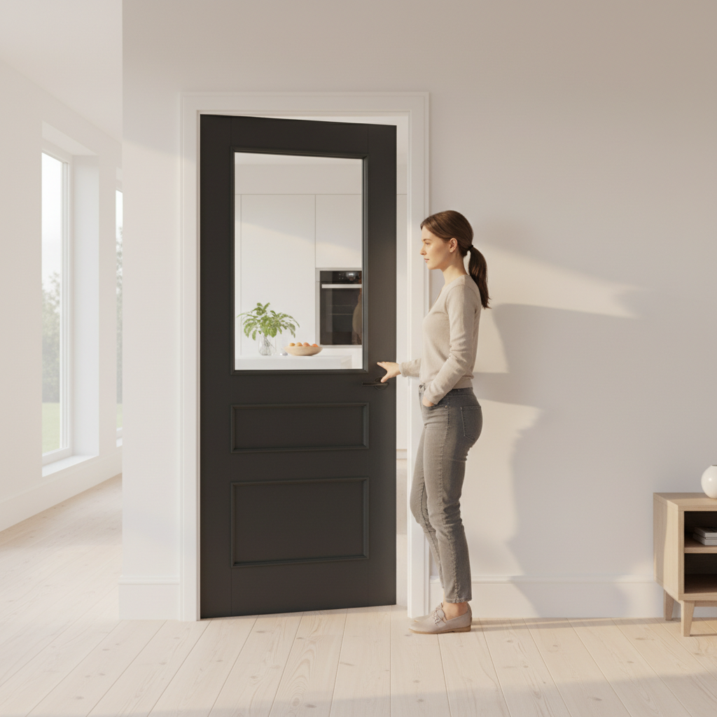 Premium Charcoal Black Clear Glazed Internal Door with 3 Panel Design and Tempered Safety Glass