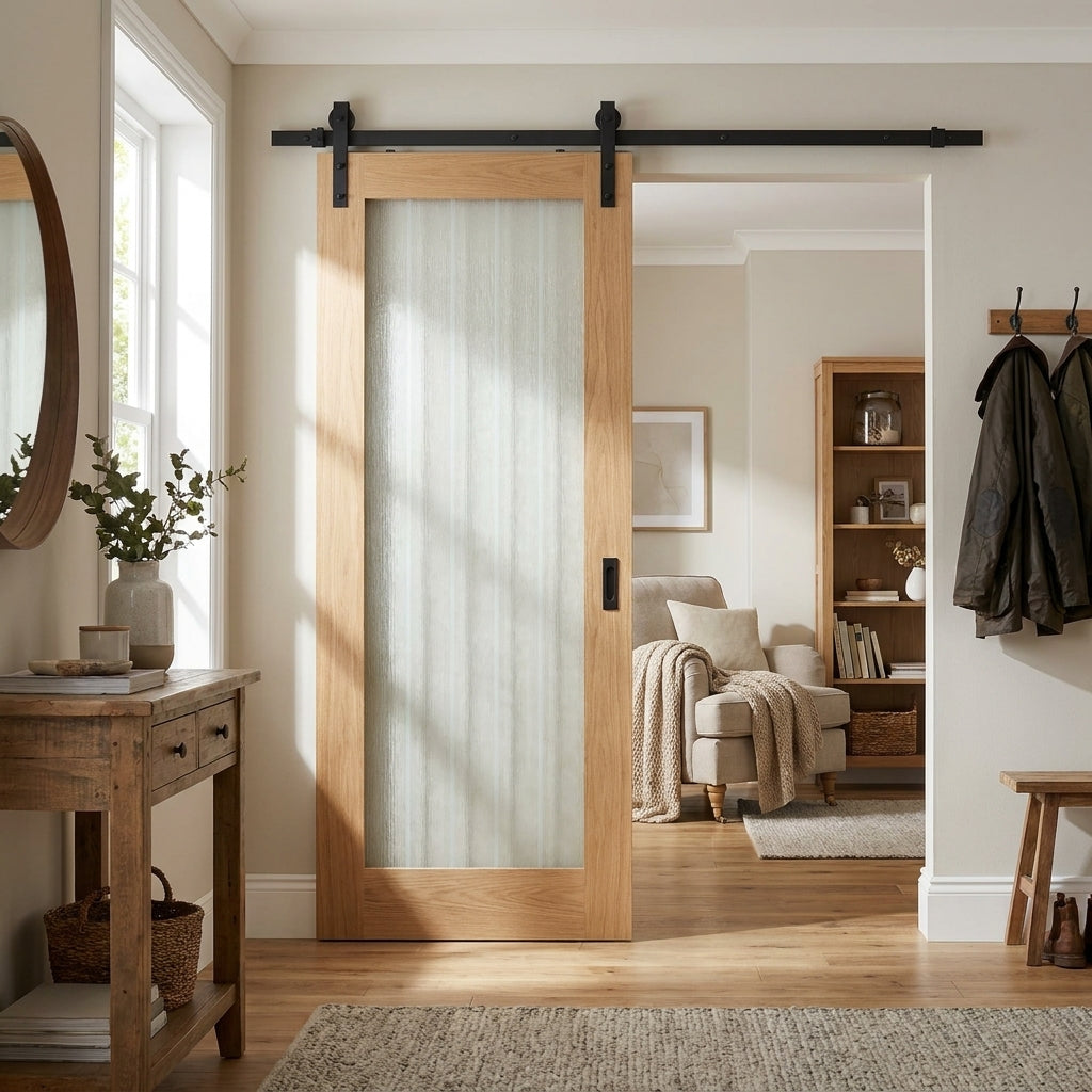Internal Oak Sliding Door Fully Finished 1 Light Obscure Glass - Black Top Mounted