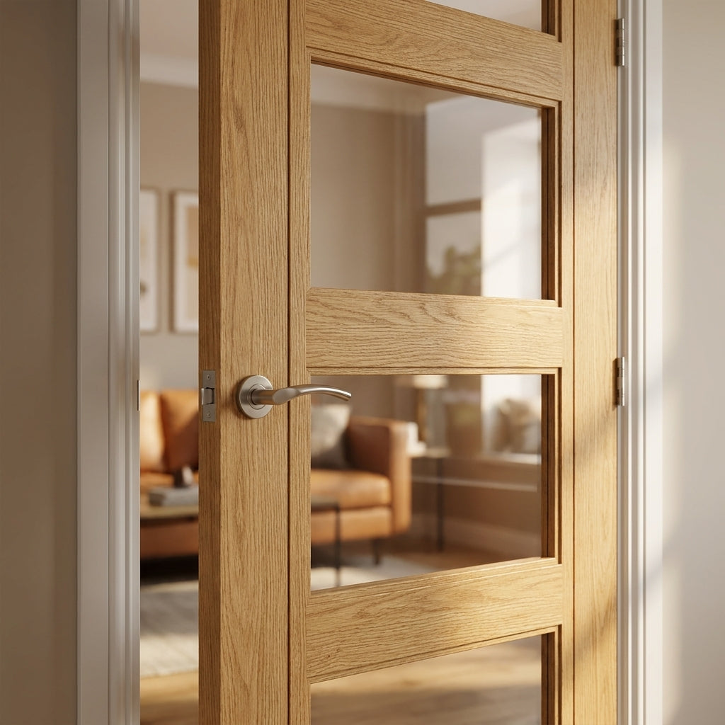 Shaker 4 Light Clear Glass Oak Internal Door Unfinished - detail view