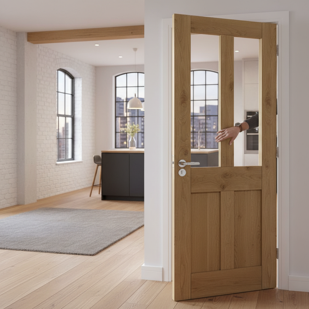 Premium Rustic Oak Shaker Glazed Internal Door with Solid Core and Clear Safety Glass Panels