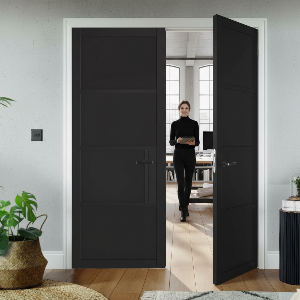 Premium Industrial Style 4 Panel Internal Door Pair with Solid Engineered Core and Prefinished Black Design