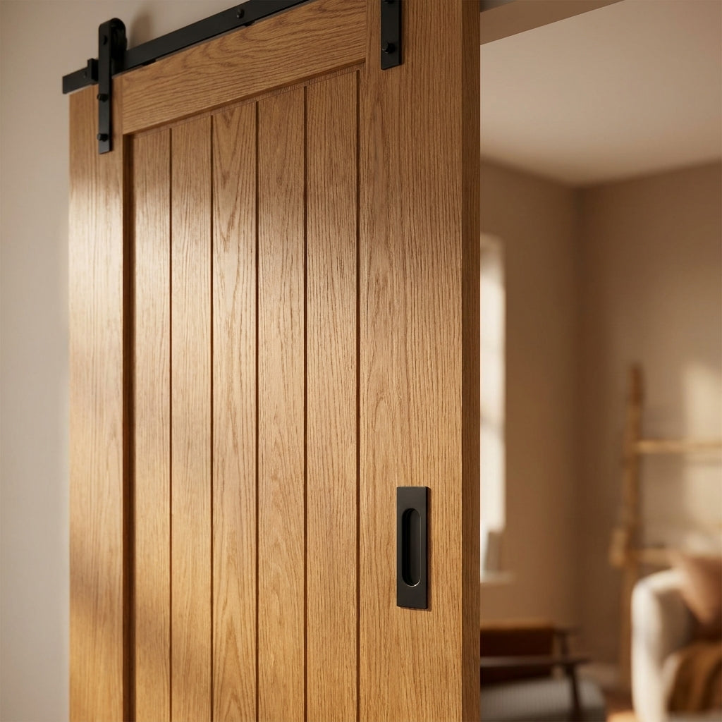 Internal Oak Sliding Door Fully Finished - Farley Design with Black Face - detail view