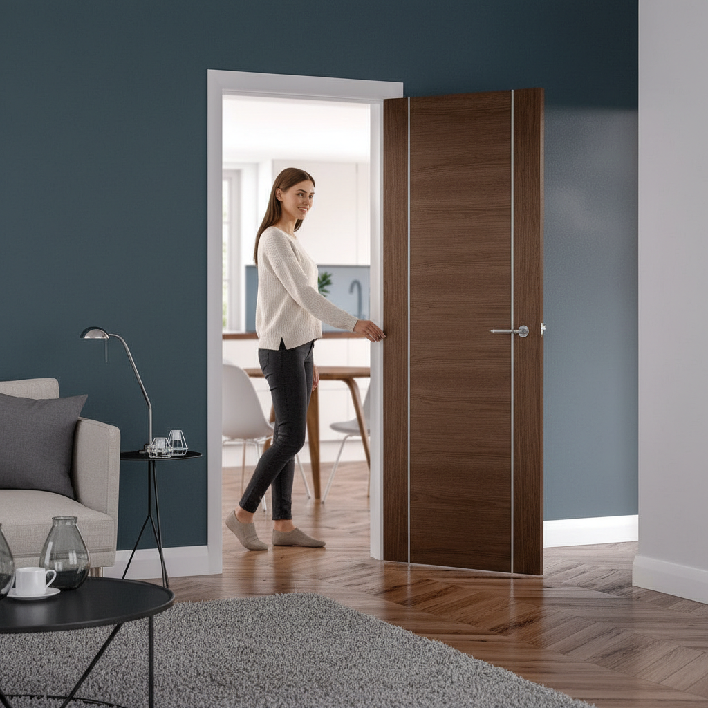 Premium Fully Finished Walnut Internal Door with Decorative Aluminium Inserts for Contemporary Home Design