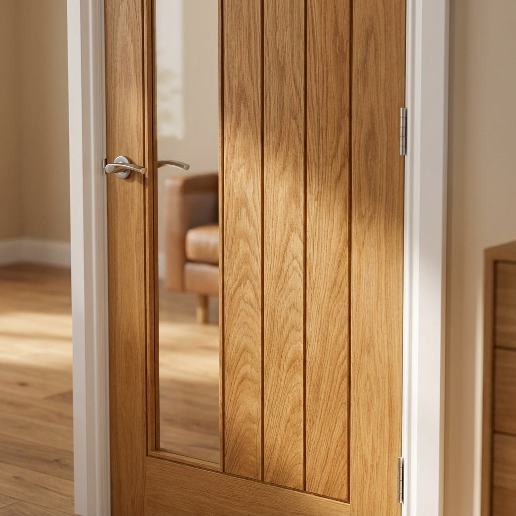 Internal Oak Door Made-to-Measure, Fully Finished with 1 Light Clear Offset Glass - detail view