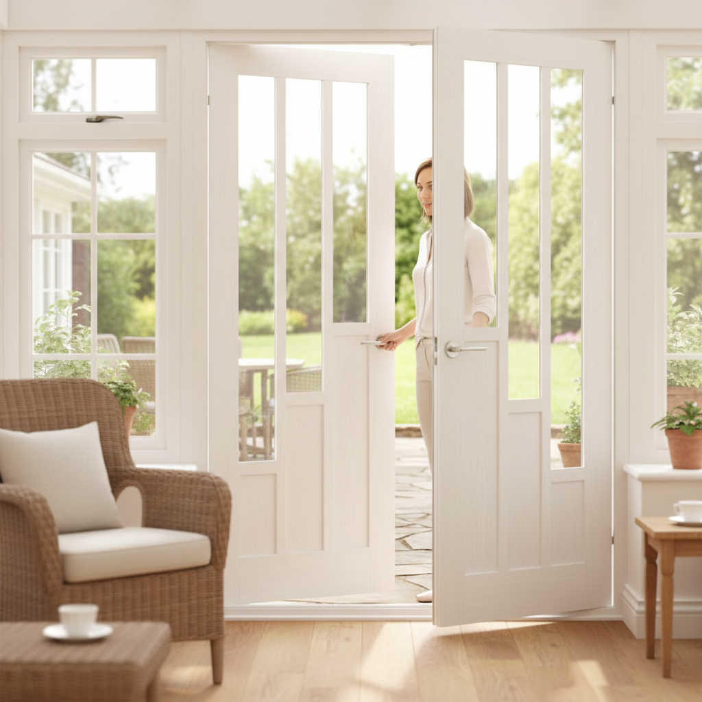 Premium White Glazed Double Door Pair with 6 Inset Panels, Solid Core Construction and Clear Tempered Safety Glass