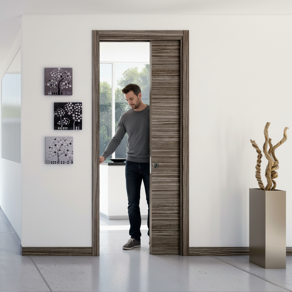 Premium Raw Wood Single Pocket Door System with Galvanized Steel and Aluminum Construction for Enhanced Stability and Space Efficiency