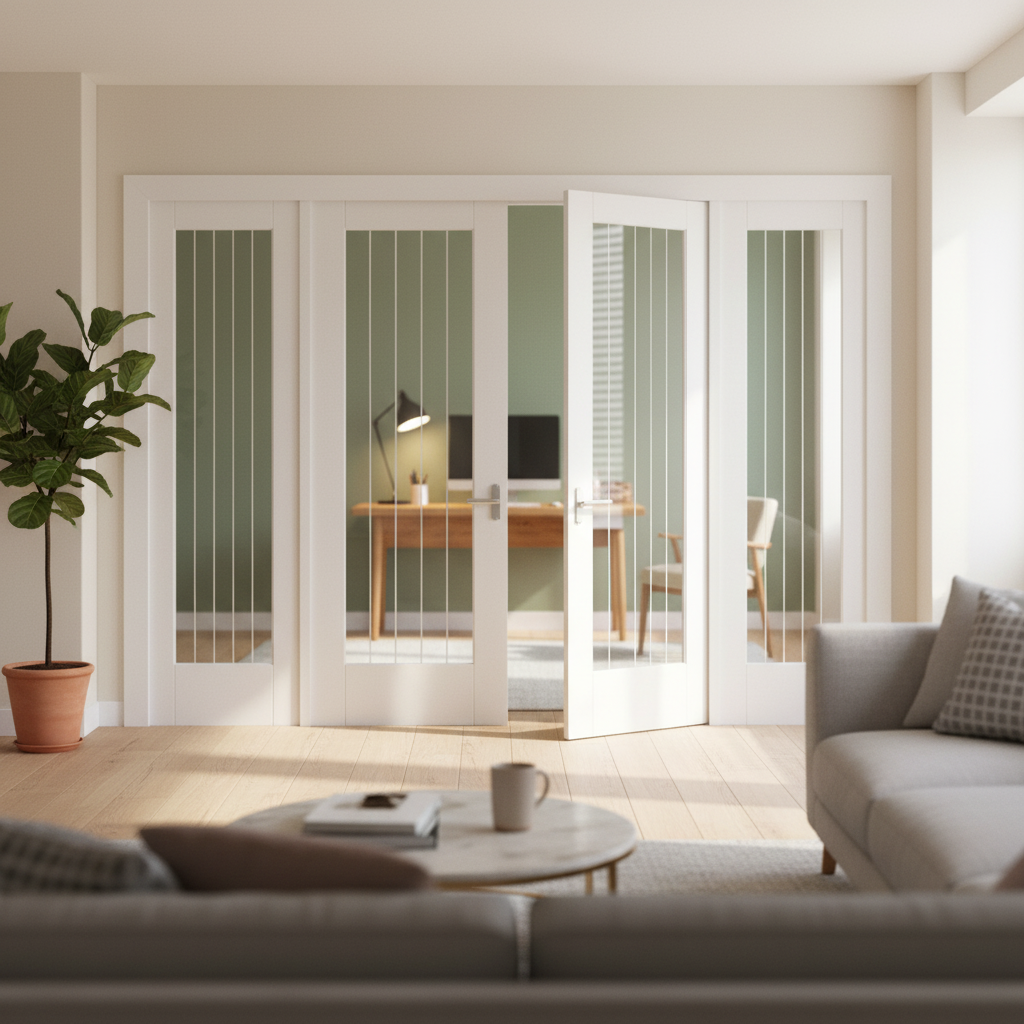 Internal Room Divider Set with Clear Glass and Obscure Lines - Four Cottage Doors and Pre-Primed White Frame for Easy...