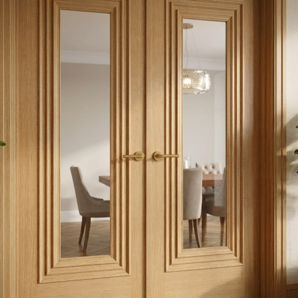 Internal Oak Double Door Fully Finished with Clear Glass, Solid Core - detail view