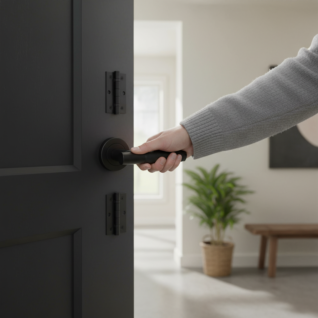 Premium Knurled Round Rose Lever Door Handle Set - Ergonomic Matt Black Finish with Enhanced Grip and Secure Locking Mechanism - Image 2
