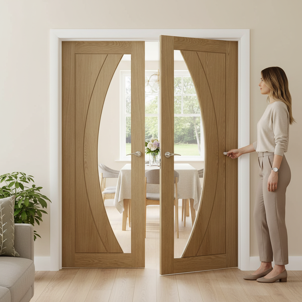 Premium Internal Clear Glazed French Doors with A Grade Oak Veneer and Safety Glass, 10-Year Guarantee