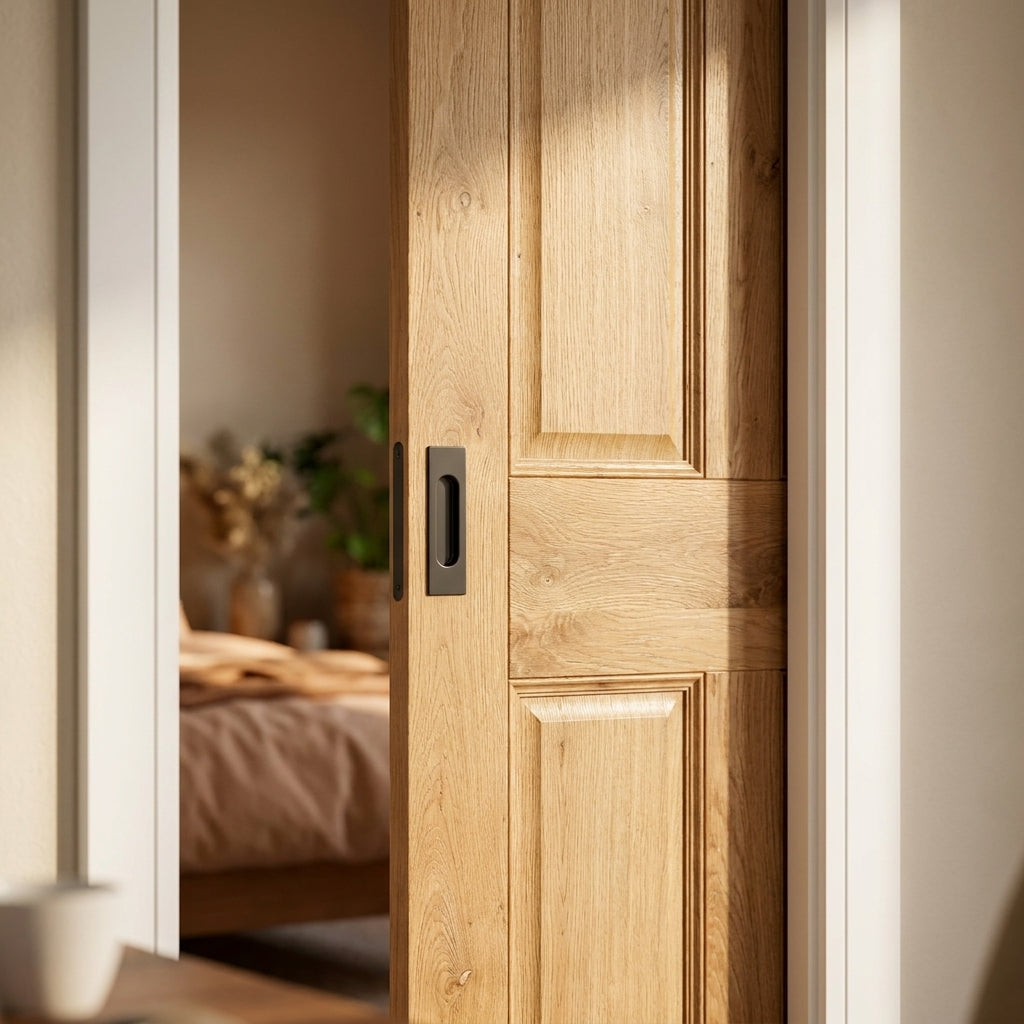 Fully Finished Internal Pocket Door Set 100mm Victorian 4 Panel Rustic Oak - detail view