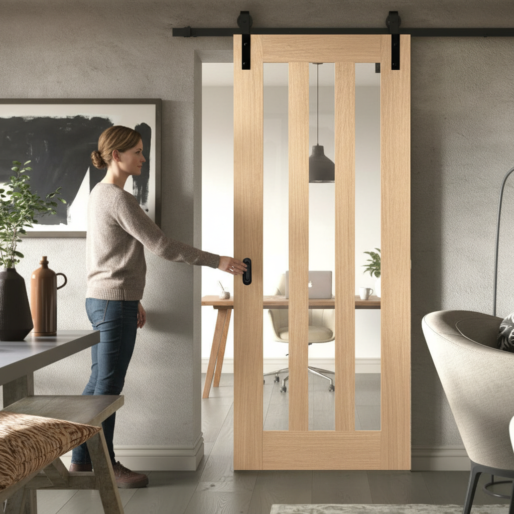 Premium Clear Glazed Face Mounted Sliding Door Set with Heavy Duty Hardware for Internal Wooden Doors Up to 100kg