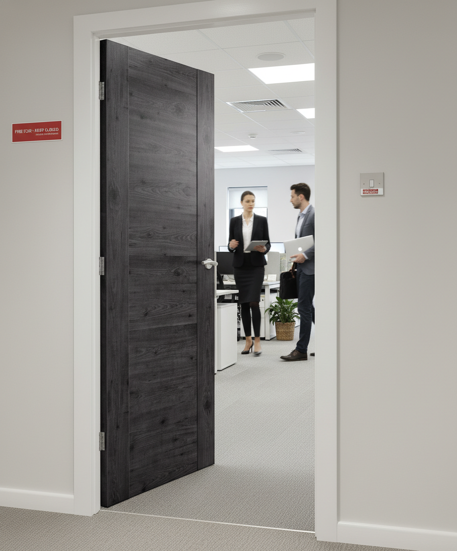 Premium FD30 Fire Door with Dark Grey Walnut Laminate Finish and Low Maintenance Design