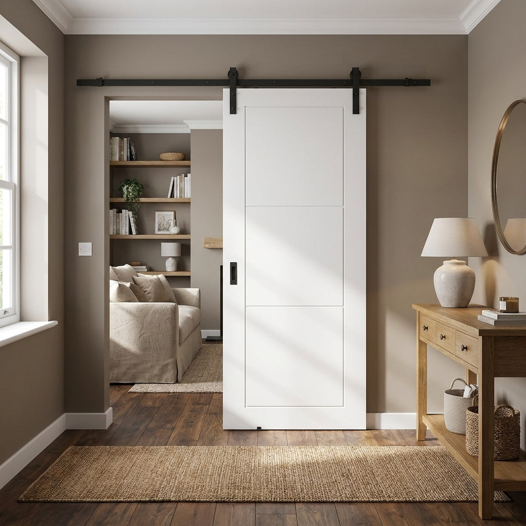 Internal White Sliding Door, 3 Panel, Primed Finish, Black Top Mounted