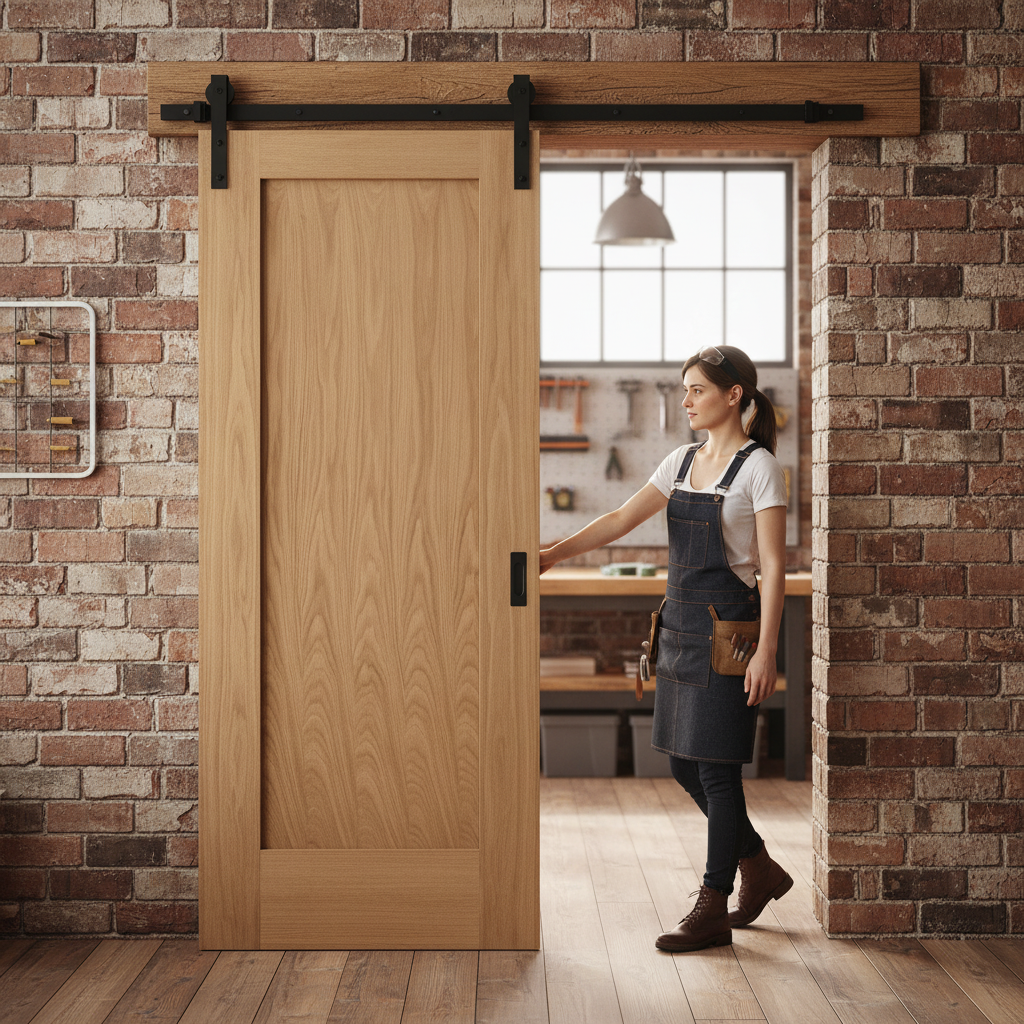 Premium Unfinished Oak Internal Sliding Door with Modern Black Steel Track - Elegant Home Decor Solution