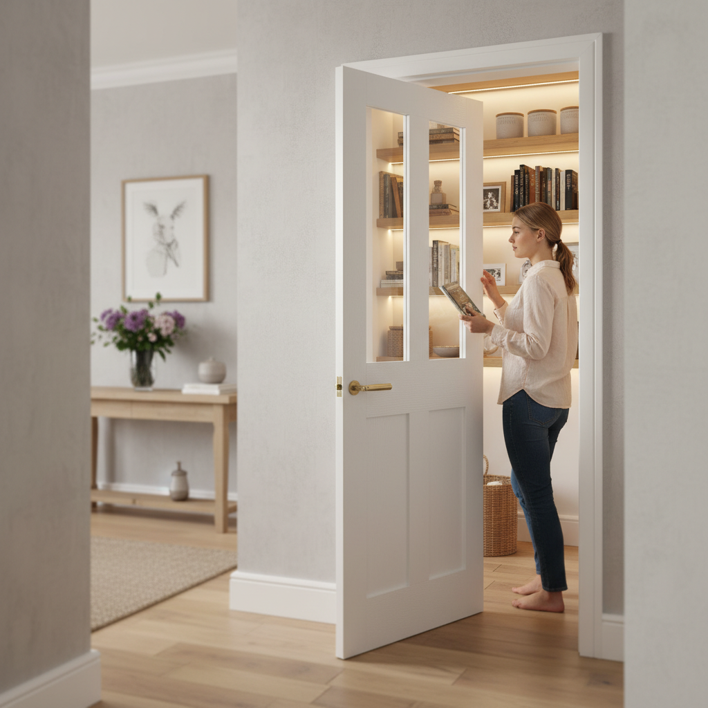 Premium Grained Glazed White Internal Door with Timeless Panelling Design - High-Quality Professional Grade for Industrial and Commercial Applications