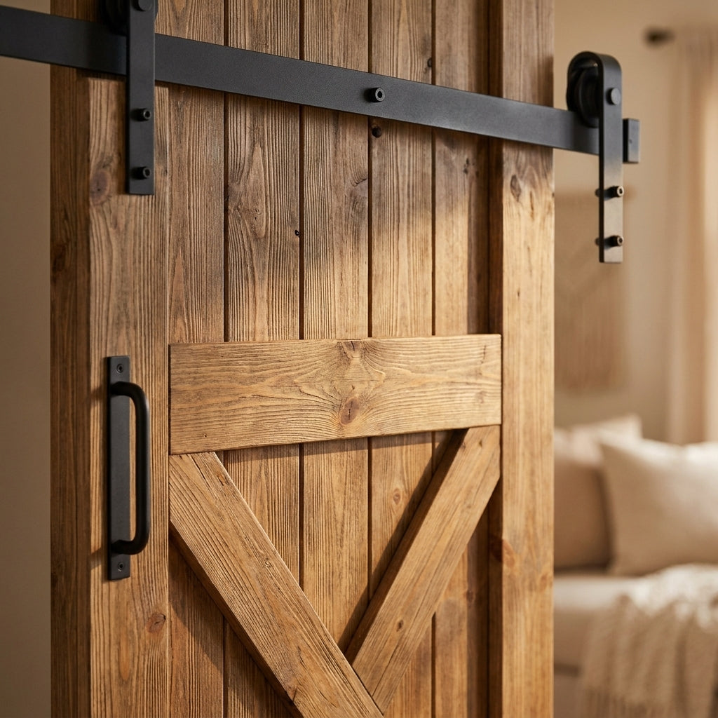 Internal Pine Sliding Barn Door, Carbonised, 1 Panel X Brace, Black Face Mounted - detail view