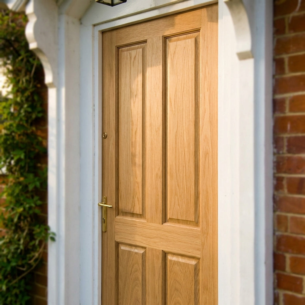 External Oak Door Unfinished 4 Panel Solid Timber Core - detail view
