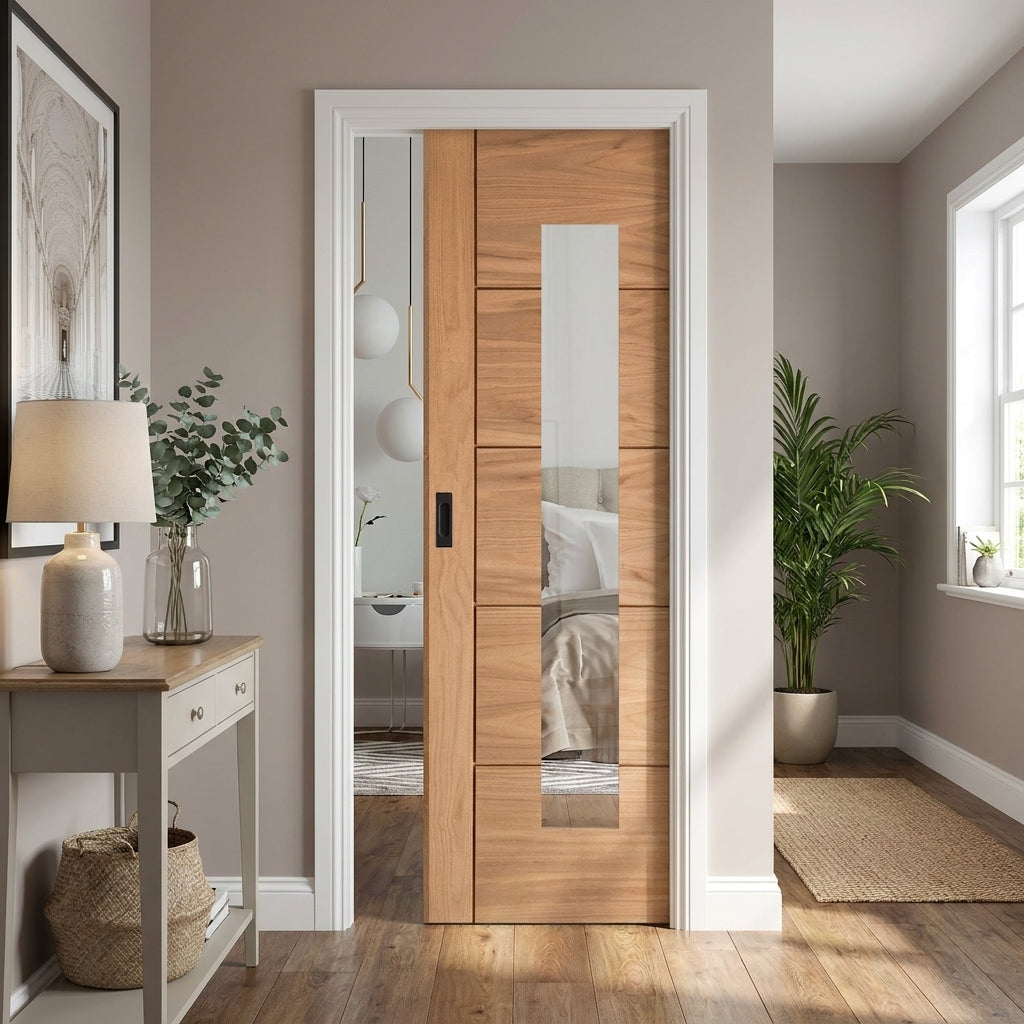 Oak Internal Door Unfinished Clear Glass Framed 100mm Pocket Design