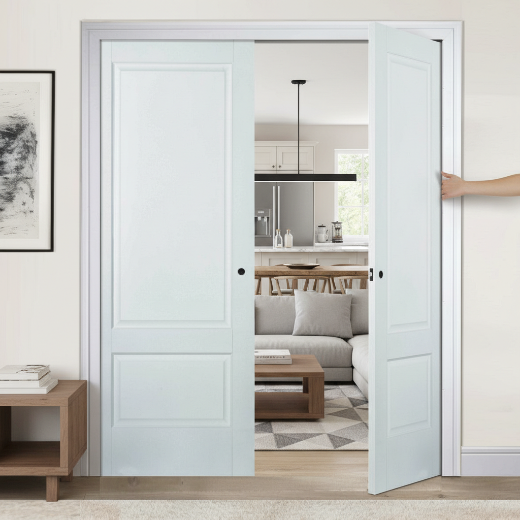 Premium Solid White Double Pocket Door Set with Adjustable Jambs and Durable Steel Frame