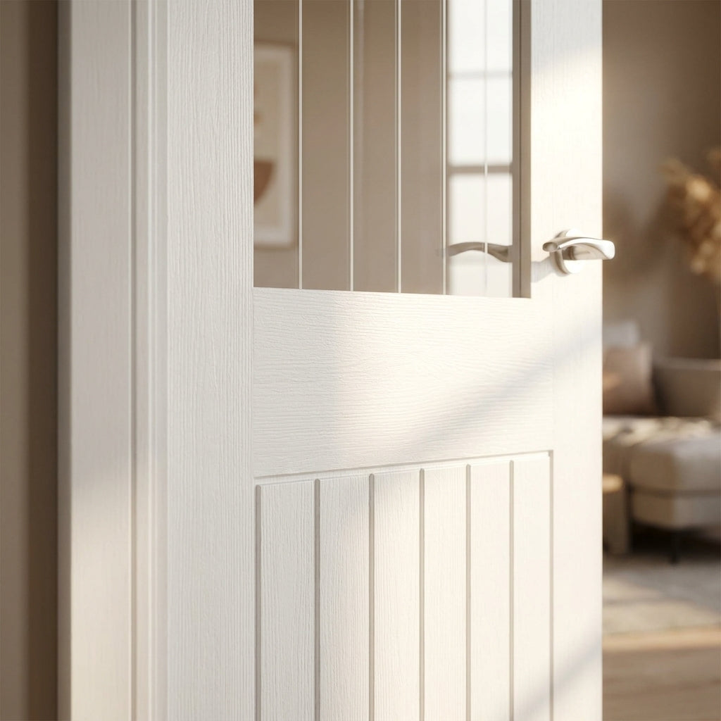 Cottage 1 Light Internal White Door with Etched Lined Clear Glass - detail view