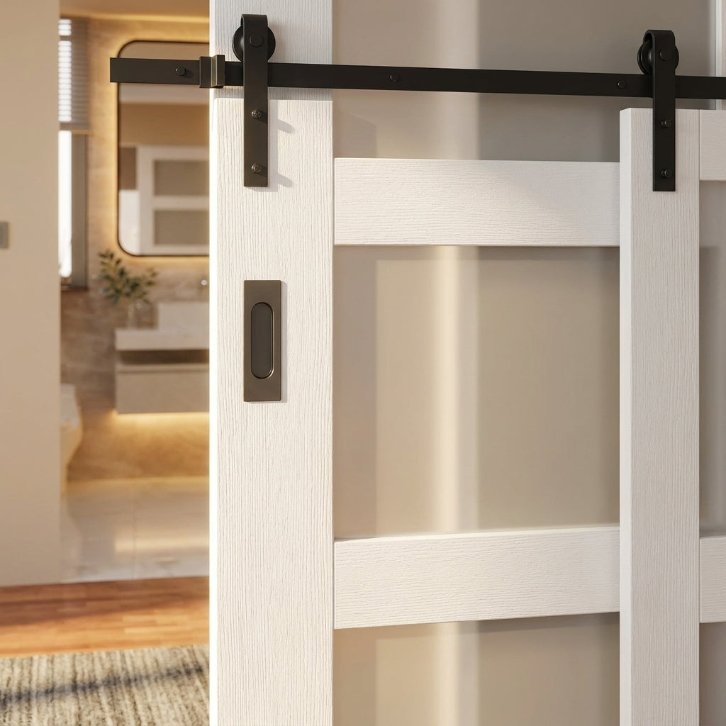 Internal White Sliding Door with 4 Light Obscure Glass and Primed Finish - detail view