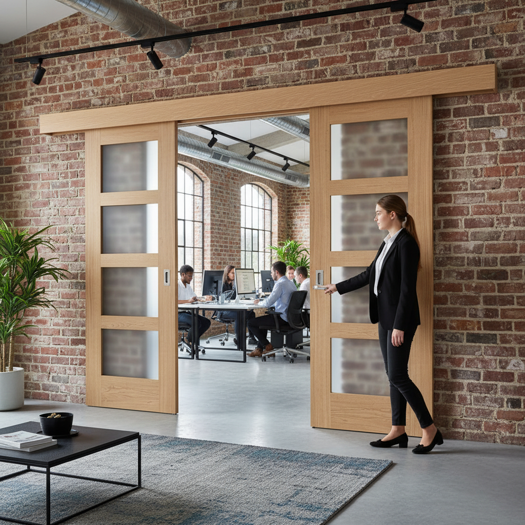 Premium Double Sliding Door System with Obscure Glazed Oak Doors and Heavy Duty Track for Smooth Operation