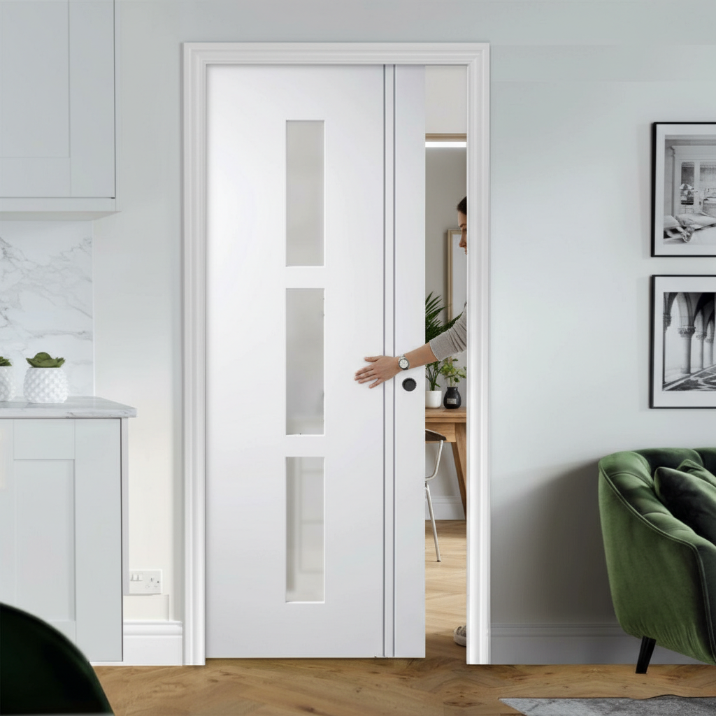 Premium 3L Obscure Glazed Pocket Door Set with Galvanised Steel Frame and Adjustable Door Jambs