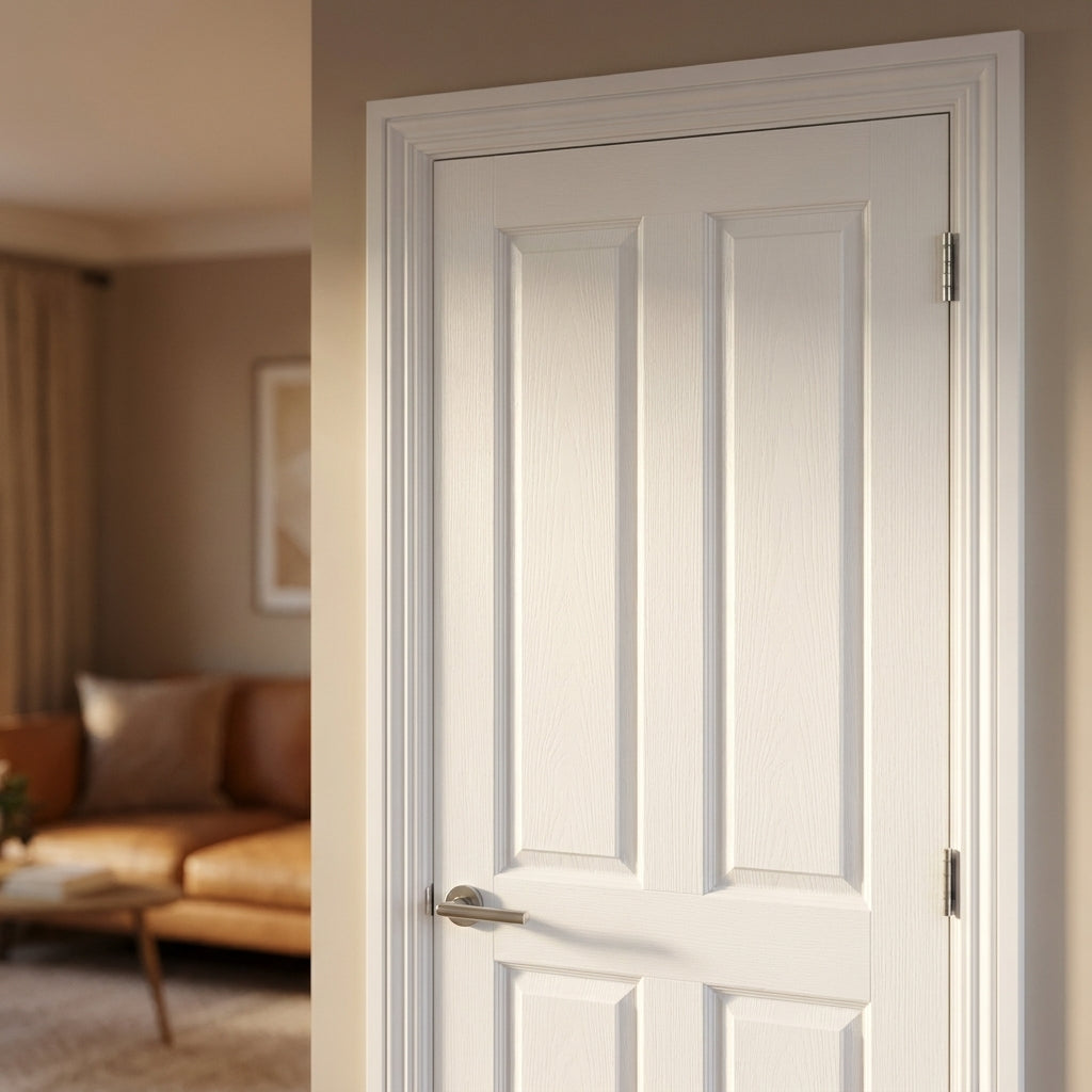 Internal White Door - Primed 4 Panel Berkeley Design with Solid Core - detail view