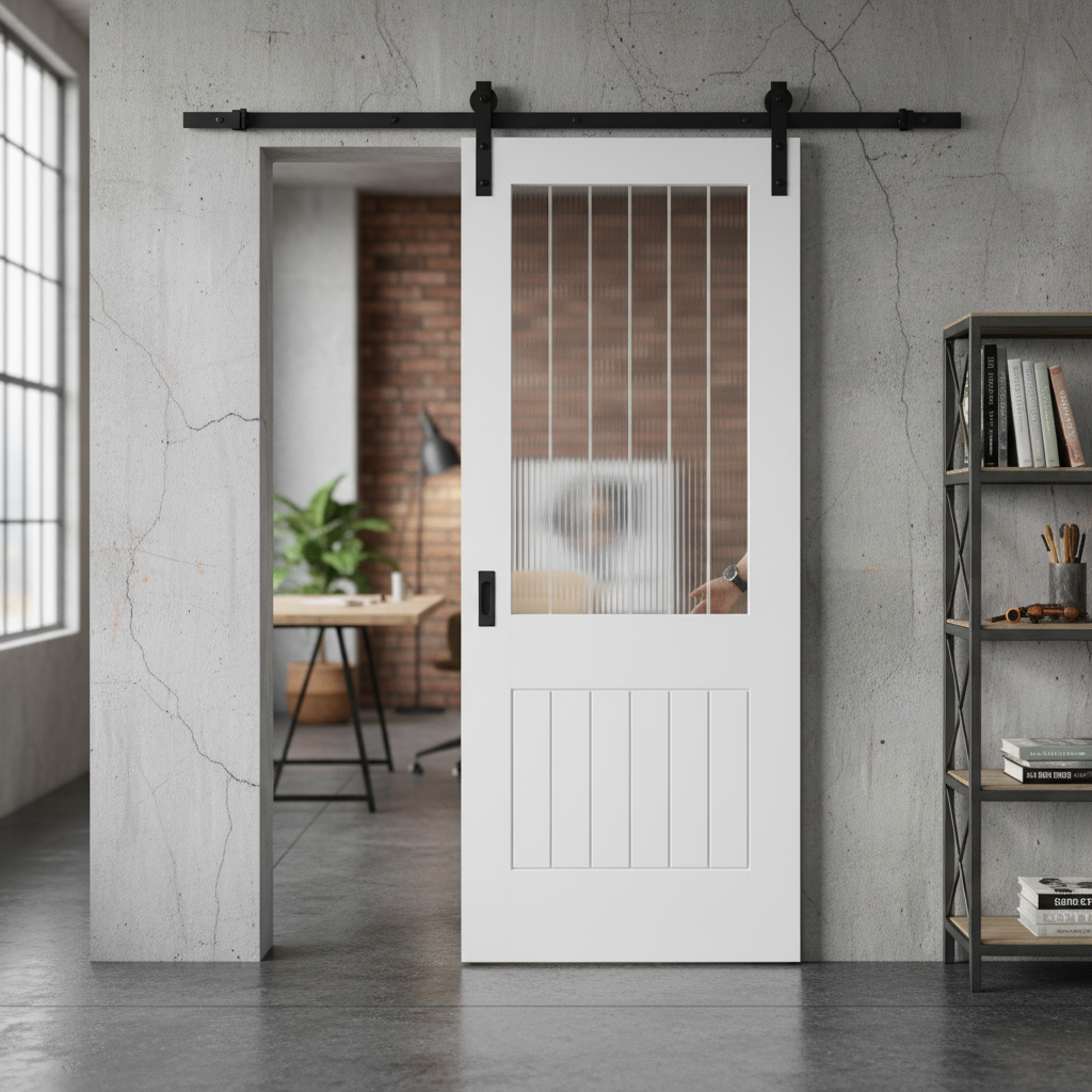 Premium White Internal Primed Cottage 1 Light Sliding Door with Etched Glass and Black Steel Track for Space-Efficient Design