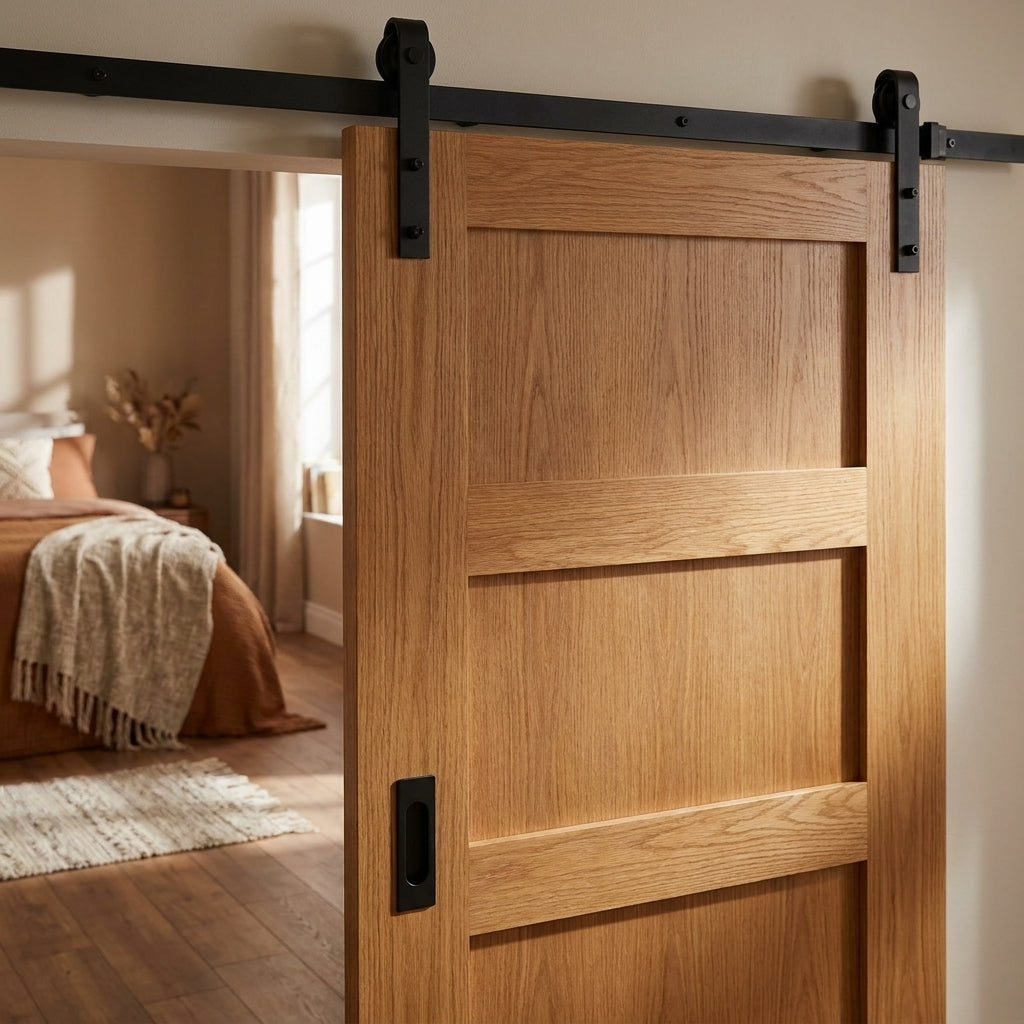 Oak Internal Unfinished Shaker 4 Panel Sliding Door 1981mm Solid Core - detail view