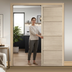 Professional 4 Panel Glazed Double Pocket Door System with Industrial Frame, Adjustable Jambs, and Maintenance-Free Track